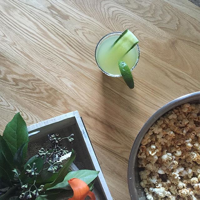  Celebrating #MargaritaWeek right now. Seriously you guys - these mint cucumber & smoky jalapeño margs are my new obsession. Tonight: Dinner in with a good friend (@jcameijer - tell Haydn Jessica says what up!), margaritas, Guardians of the Galaxy & brown butter popcorn topped off with red curry powder and Fresh grated Parmesan cheese. This is my kind of #friyay  