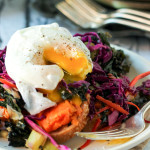 Vegetarian Breakfast - Poached Eggs on Fava Beans, Kale and Sweet Potatoes - She Eats