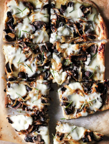 White Pizza: Caramelized Onions, Mushrooms + Rosemary Potatoes with Garlic Cream Sauce | SheEats.ca